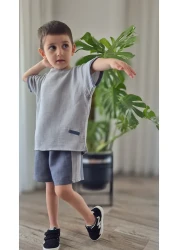 My Baby's World Smoked-Grey Natural Muslin Fabric Boy's Garnished Shorts Summer Suit Mtye0083
