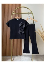 Magu Girl's Cotton Black Ribbon Detailed T-Shirt and Ribbed Trousers Set – Stylish Casual Combination