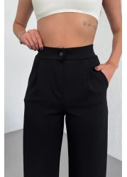 CNRCollection بنطلون بالازو نسائي أسود عالي الخصر مطوي بأزرار من الليكرا قابل للتمدد مقاس كبير غير رسمي