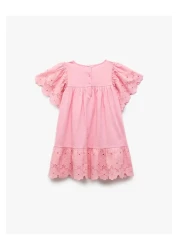 Koton Short Sleeve Crew Neck Embroidered Cotton Dress