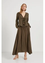 Arma Life تنورة نسائية صيفية مطاطية مجعدة كاكي طويلة واسعة