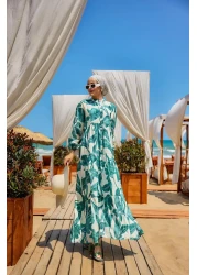 LOCCO فستان نسائي منقوش بأوراق الشجر باللون الأخضر