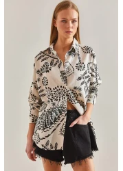 Bianco Lucci Women's Large Leaf Patterned Casual Linen Shirt60101021