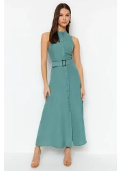  Collection فستان قميص منسوج متوسط الطول بحزام نعناعي TWOSS23EL01628