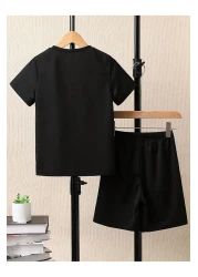 CLAYES طقم تي شيرت وسروال قصير مطبوع عليه رائد فضاء أسود للأطفال - طقم صيفي برقبة دائرية للأولاد والبنات