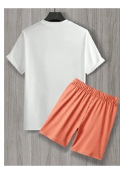 LEONE KOLEKSİYON طقم مكون من قطعتين من تي شيرت وشورت بأكمام قصيرة مطبوع عليه استوائي باللونين الأبيض والبرتقالي