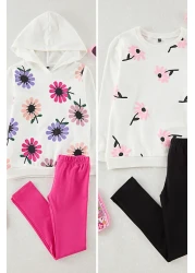 TRENDYOLKIDS White-Multicolor 4-Piece Girl's Floral Knitted Top and Bottom Set Tkdaw25Au00120