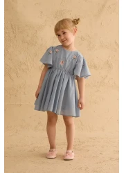 Fahhar Kids Flounced Embroidered Cotton Dress Light Blue