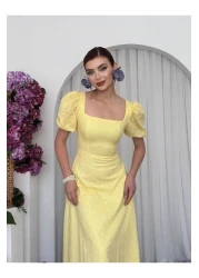 Julidress Yellow Embroidered Lined Balloon Sleeve Midi Length Premium Linen Dress