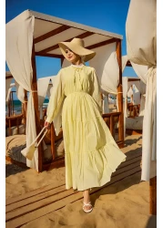 LOCCO فستان فيينا بياقة مربوطة للنساء باللون الأصفر