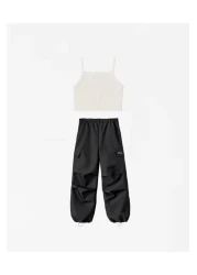 Magu Girl's Cotton Beige Cargo Pants Suit - Crop Tank Top