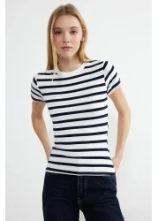  Collection Navy Blue Striped Knitted Blouse with Stretchy Viscous Fabric - Twoss24Bz00296