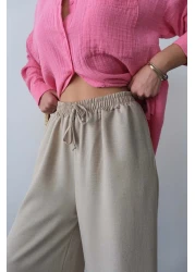 Hatun Atila بنطلون Palazzo صيفي مريح بخصر عالٍ وأربطة وأرجل واسعة - بيج