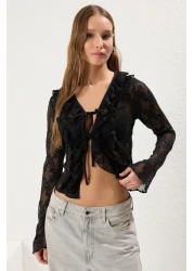  Collection Black Lace Fitted/Fitted Gather/Drape and Tie Detail Stretchy Knitted Blouse Twoss25Bz00270