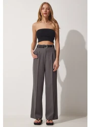 Happiness İstanbul Women's Smoked Wide Leg Masculine Woven Trousers HG00001