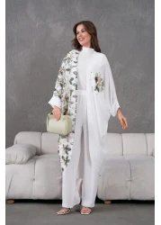 Miss Allos Women's Tulle Flower Embroidered Stone Detailed Kimono and Trouser Top Set