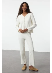  Collection Ecru Brushed Soft Corded Cardigan Knitted Pajama Set Thmaw25Pt00074
