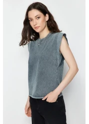  Collection Anthracite*001 Faded Effect 100% Cotton Wadding Appearance Basic Crew Neck Knitted T-Shirt TWOSS20TS0021