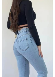 BEES JEANS بنطلون نسائي ذو فتحة أمامية باللون الأزرق الثلجي ذو أرجل إسبانية وخصر عالي