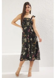  Collection Black Floral Print Chiffon Midi Dress with Back Gipe Detail - Slit, Lined Twoss24El00699