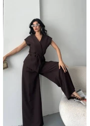 spirituel Women's Double Bottom Top Suit Lace-Up Loose Cut Flowy Summer Short Sleeve Kimono Jacket Palazzo Pants