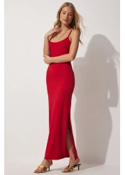 Happiness İstanbul فستان ساران صيفي طويل محبوك بحزام أحمر للسيدات UB00027