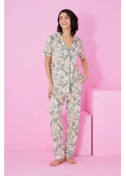 Siyah İnci بدلة بيجامة بأكمام قصيرة منقوشة بأوراق خضراء وأزرار7855