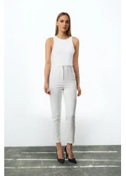  Collection White Cigarette Mold Collet High Waist Ankle Length Woven Fabric Pants Twoss20Pl0515