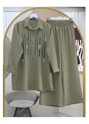 Modamorfo Sofia Linen Suit with Button Front Sequined Trousers -Khaki