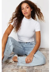  Collection White Fitted High Collar Crop Ribbed Stretchy Knitted Blouse TWOSS21BZ0780