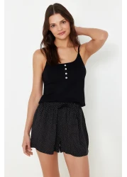  Collection Black 100% Cotton Polka Dot Button Detail Rope Strap Shorts Knitted Pajamas Set Thmss24Pt00335