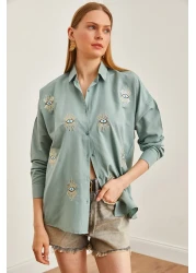 Olalook قميص Boyfriend نسائي مطرز باللون الأخضر - GML- 19000992