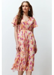  Collection Multi Color Skater/Belt Opening Double Breasted Handkerchief Sleeves Ribbed Stretchy Knitted Midi Dress TWOSS24EL00482