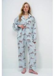 Trend Alaçatı Stili Mint Green Piping Detailed Digital Printed Satin Long Shirt and Pants Pajama Set Pjm-X13913