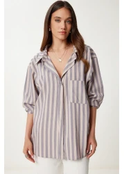 Happiness İstanbul قميص فيسكوز مخطط رمادي اللون للنساء US00966