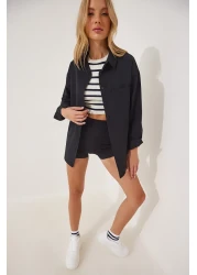 Happiness İstanbul قميص بوبلين أسود كبير الحجم بأزرار للنساء DD01103