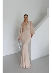 1Moda1Tarz فستان نسائي مستورد من قماش الكريب بأكمام وصدر شيفون مطرز بالأحجار بتصميم خاص