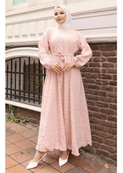 sefamerve فستان بحزام مطاطي بأكمام من قماش القطني 2020-03 مسحوق