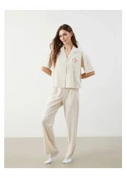 LC Waikiki Lcw Young Beige Shirt Collar Bear Teddy Printed Women's Pajamas Set