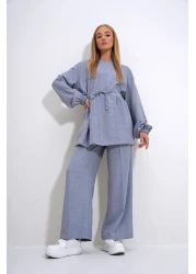 Trend Alaçatı Stili طقم بنطلون نسائي باللون الرمادي من Palazzo Tunic برقبة دائرية - ALC-X12299