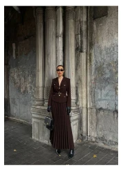 buqre's moda Premium Pleated Gold Buttoned Belted Jacket Skirt Set