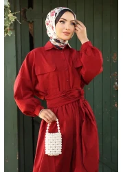 InStyle Double Pocket Balloon Sleeve Red Skirt Suit