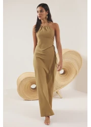  Collection Khaki Woven Halter Neck Back Detail Beach Blouse Skirt Suit Tbess25Au00089