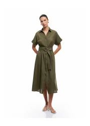 Koton فستان قميص كبير الحجم بأكمام قصيرة ومخلوط من الكتان والفيسكوز