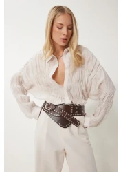 Happiness İstanbul قميص نسائي منسوج برباط كريمي DP00234