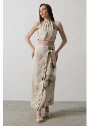  Collection Beige Tie Dye Patterned Wrap Midi Woven Skirt Twoss25Et00052