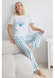  Collection White-Blue Striped Printed Baby Overlock Detailed Viscose Knitted Pajamas Set Thmss25Pt00141
