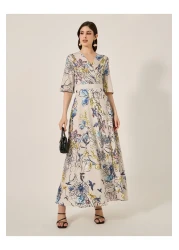 Styli Floral Print Wrap Look A-Line Maxi Dress