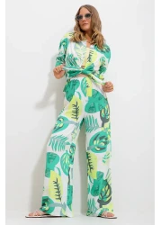 Trend Alaçatı Stili Women's Green Patterned Shirt and Trousers Top and Bottom Woven Set Alc-X11747