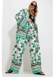 Trend Alaçatı Stili Women's Green-White Kimono Jacket and Palazzo Pants Set Alc-X11751